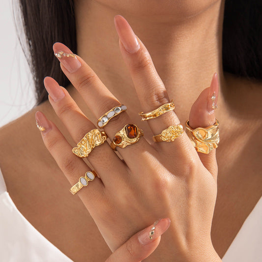 Geometric Retro Ring Set for Women – Gold Alloy Irregular Design Jewelry