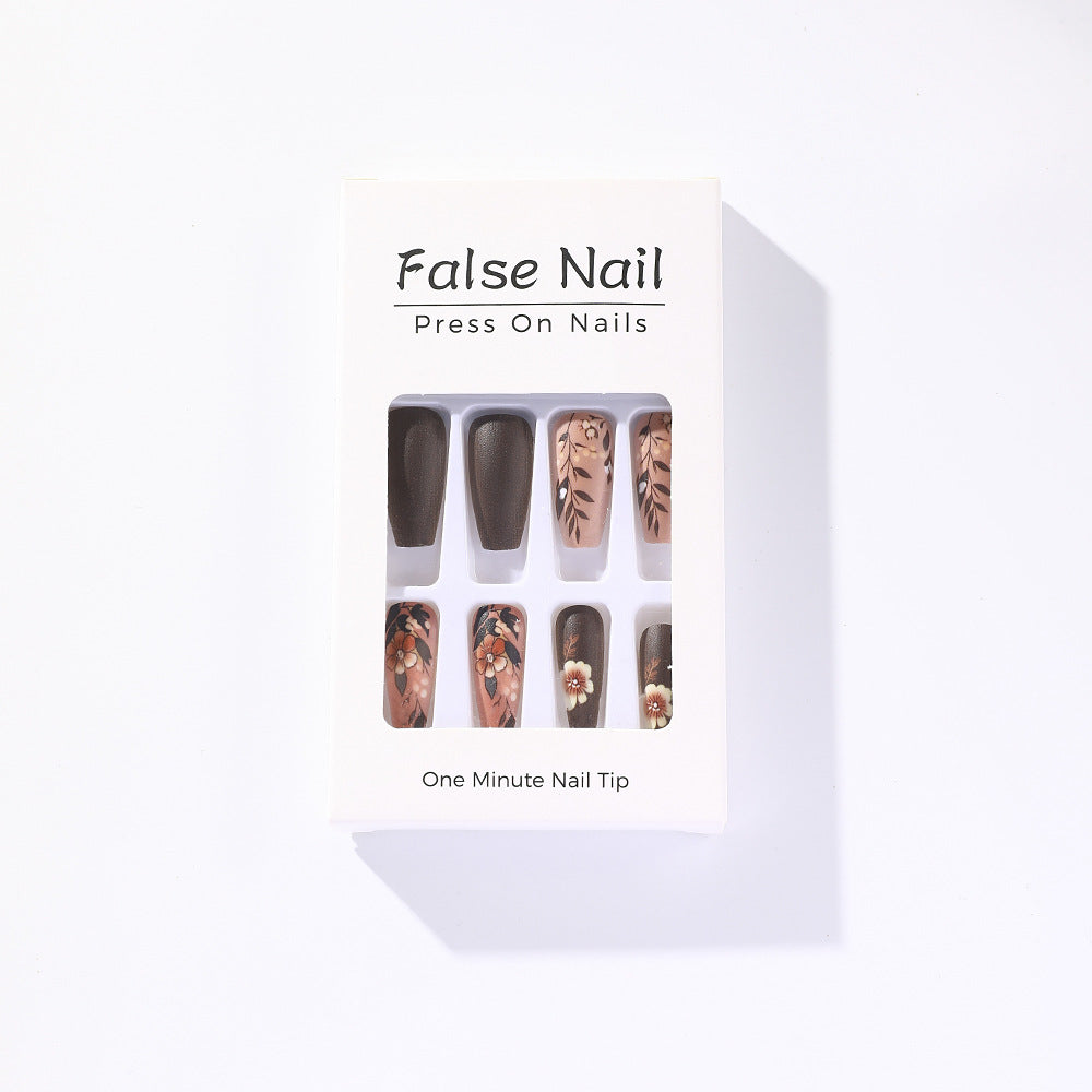 Chic Floral Press-On Nails – Medium Square & Almond Matte Brown and Nude Nails