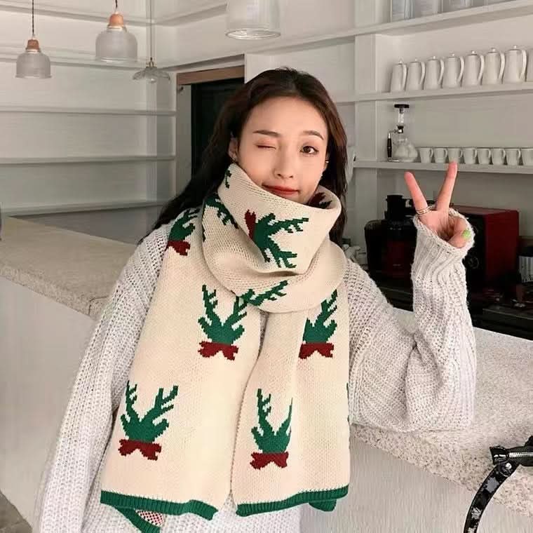 Christmas Elk Knitted Wool Scarf for Women