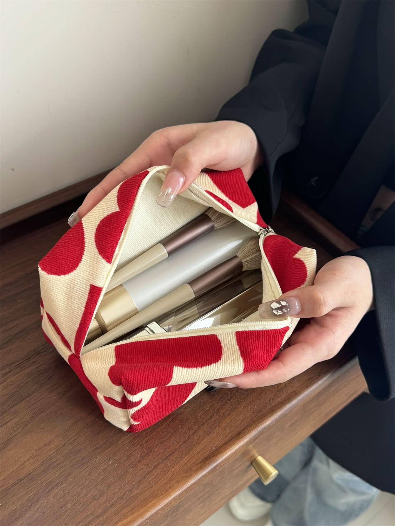 Corduroy Heart Pillow Cosmetic Bag – Cute Korean-Style Makeup Pouch