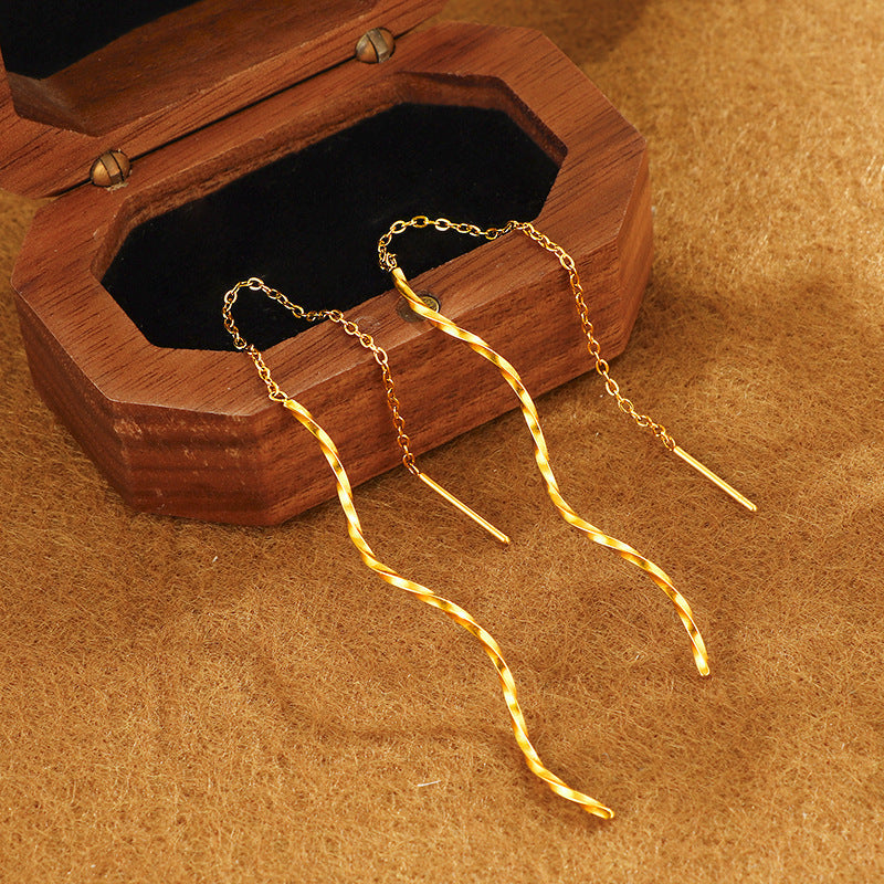 Gold Wavy Tassel Earrings – Titanium Steel Geometric Jewelry for Women