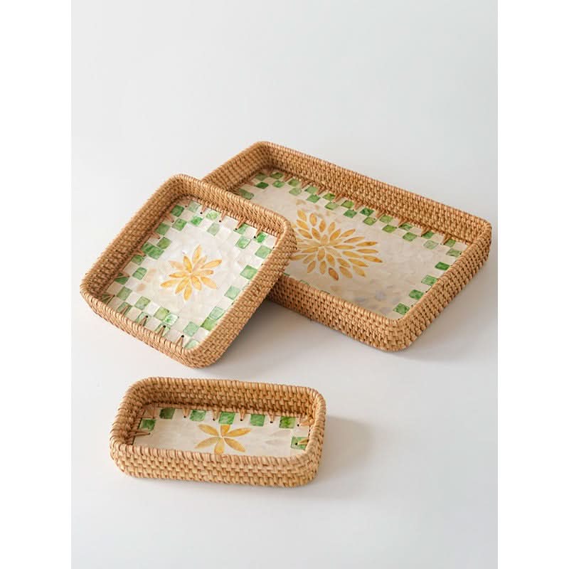 Natural Rattan Shell Tray Set - 3-Piece Square Fruit & Snack Storage