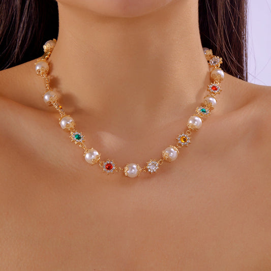 Pearl Flower Necklace – Elegant Rhinestone Choker for Women, Trendy Handmade Jewelry