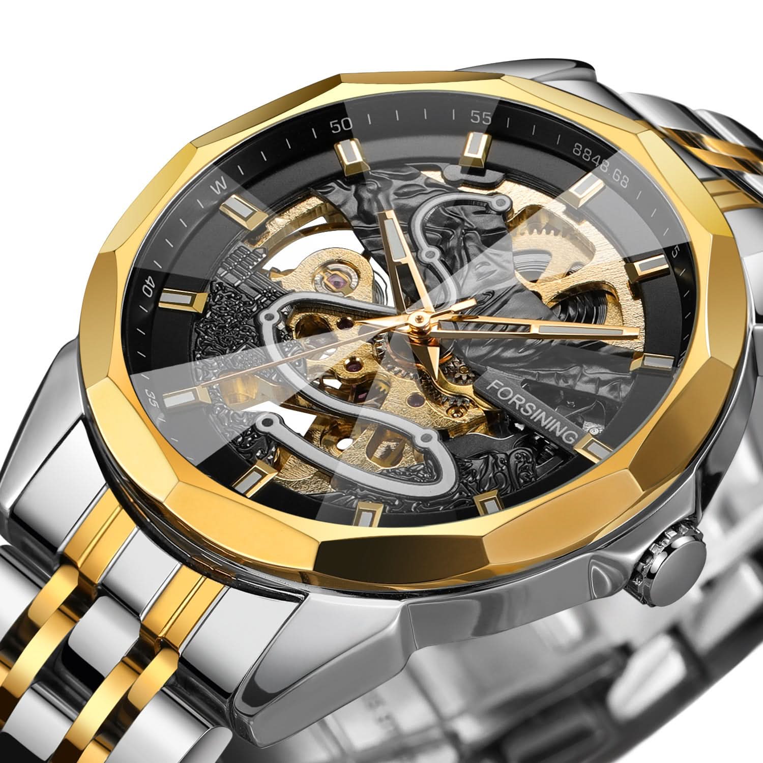 Men’s Mechanical Watch – Diamond Glass Dial, Stainless Steel Strap