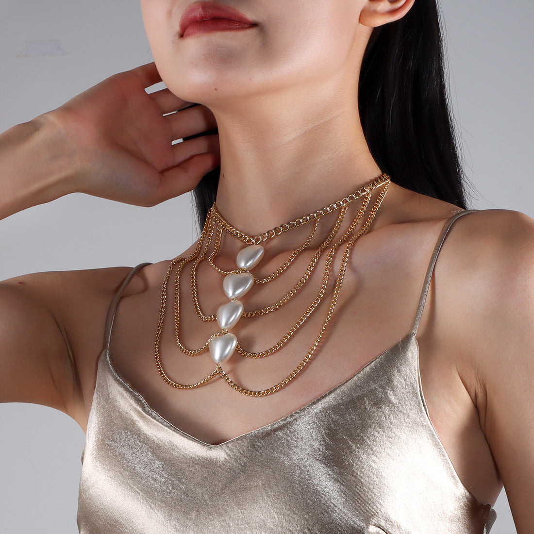 Tassel Heart Pearl Necklace – Elegant Multi-Layer Pendant Chain for Women