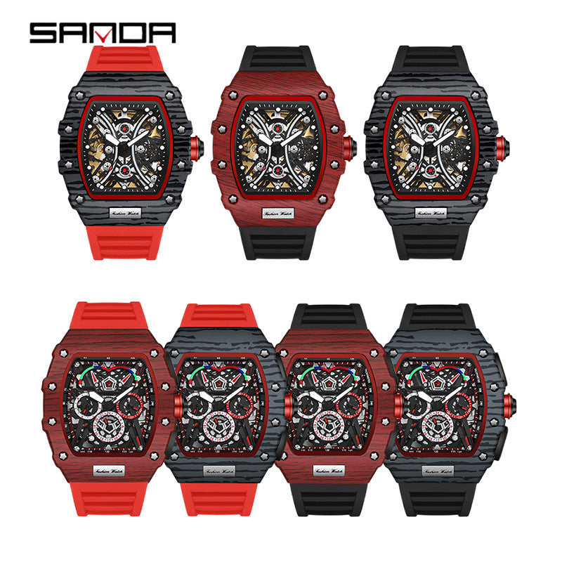 Sanda Men’s Barrel-Shaped Automatic Mechanical Watch – Luminous Hollow Dial