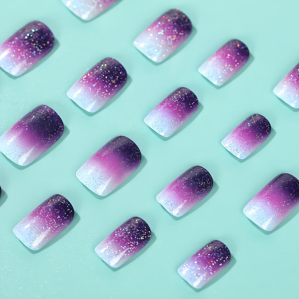 Dreamy Gradient Press-On Nails – Square Acrylic False Nails with Glitter Ombré Shimmer