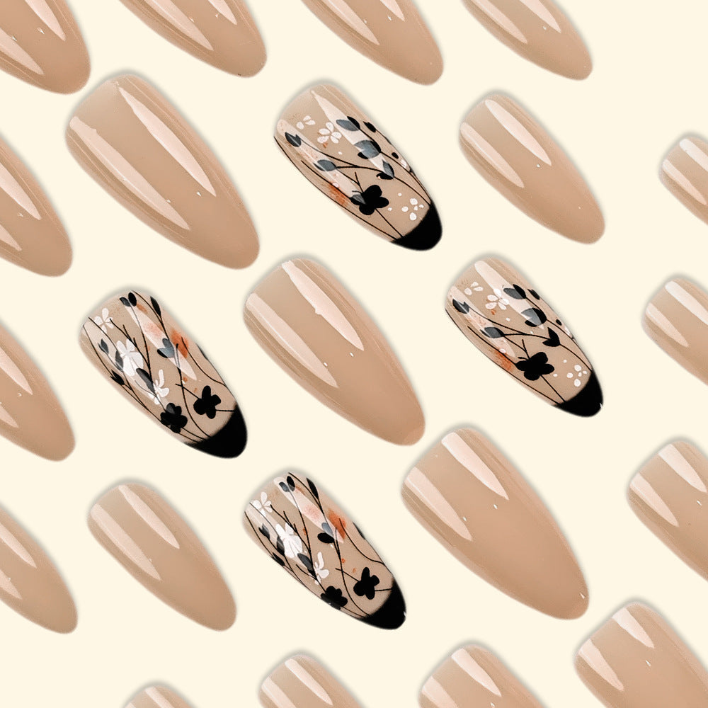 French Tip Press-On Nails with Floral Accents, Almond Medium Acrylic Glue-On Nails