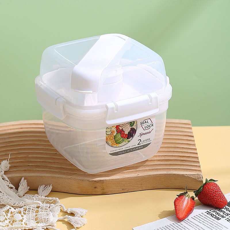 Double-Layer Square Lunch Box with Sauce Container – Microwave-Safe