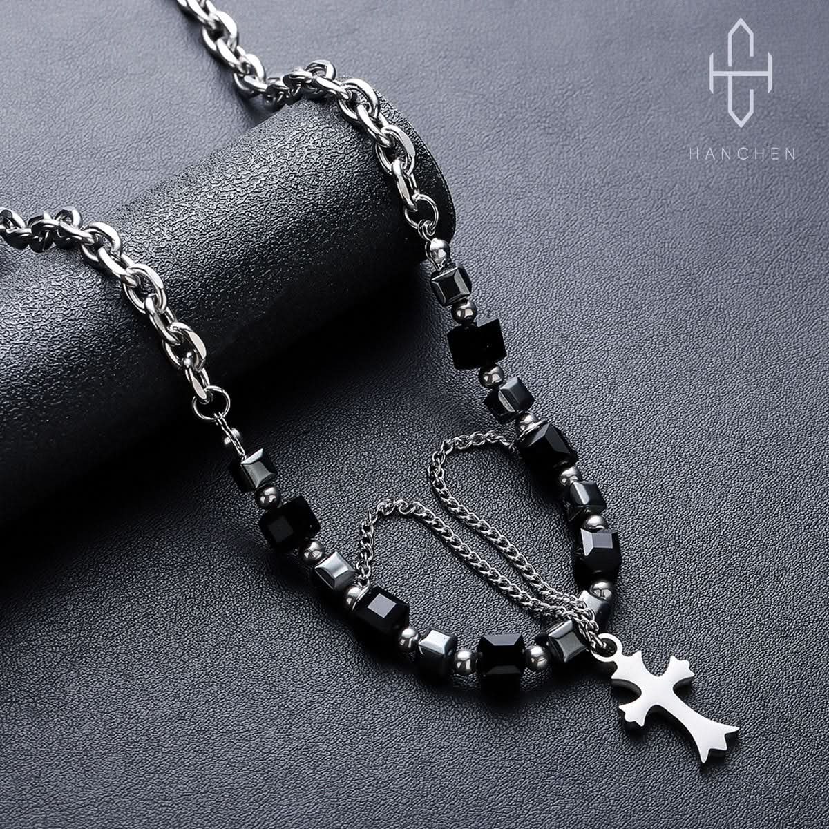 Men's Double Cross Necklace – Square Beaded Pendant