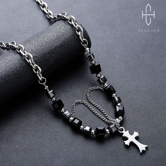 Men's Double Cross Necklace – Square Beaded Pendant