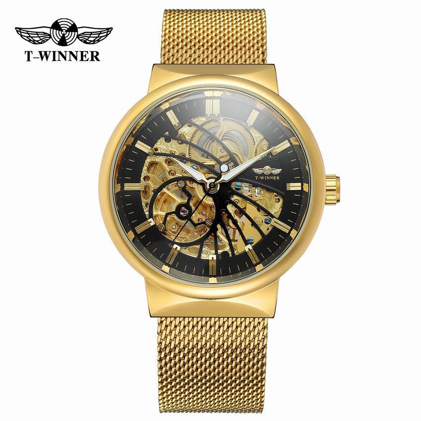 T-WINNER Automatic Mechanical Watch for Men – Mesh Strap, Waterproof Skeleton Design