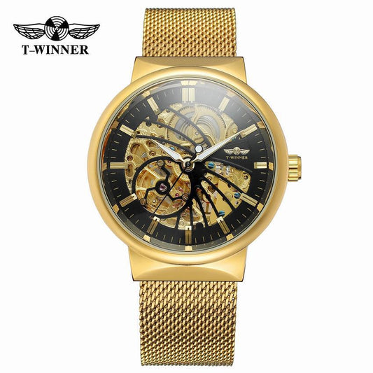 T-WINNER Automatic Mechanical Watch for Men – Mesh Strap, Waterproof Skeleton Design