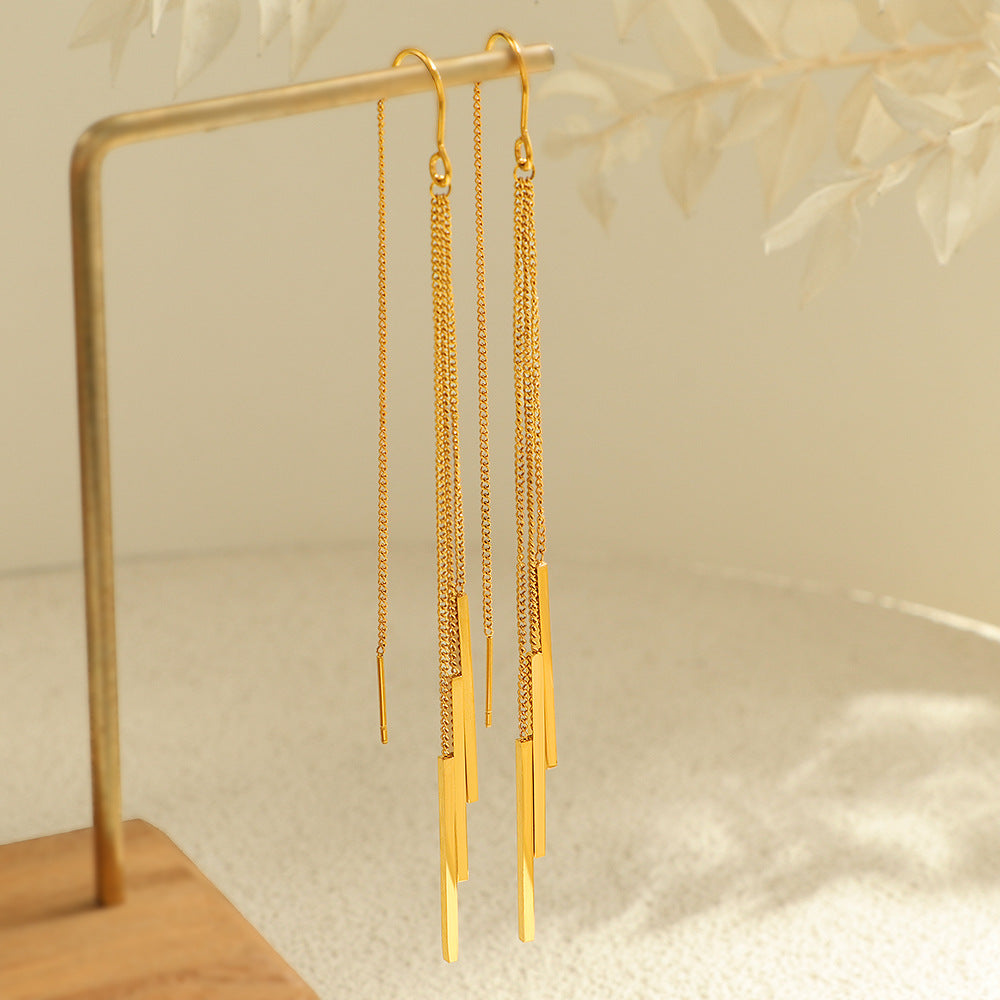 Gold Long Tassel Earrings – Titanium Steel Geometric Jewelry for Women