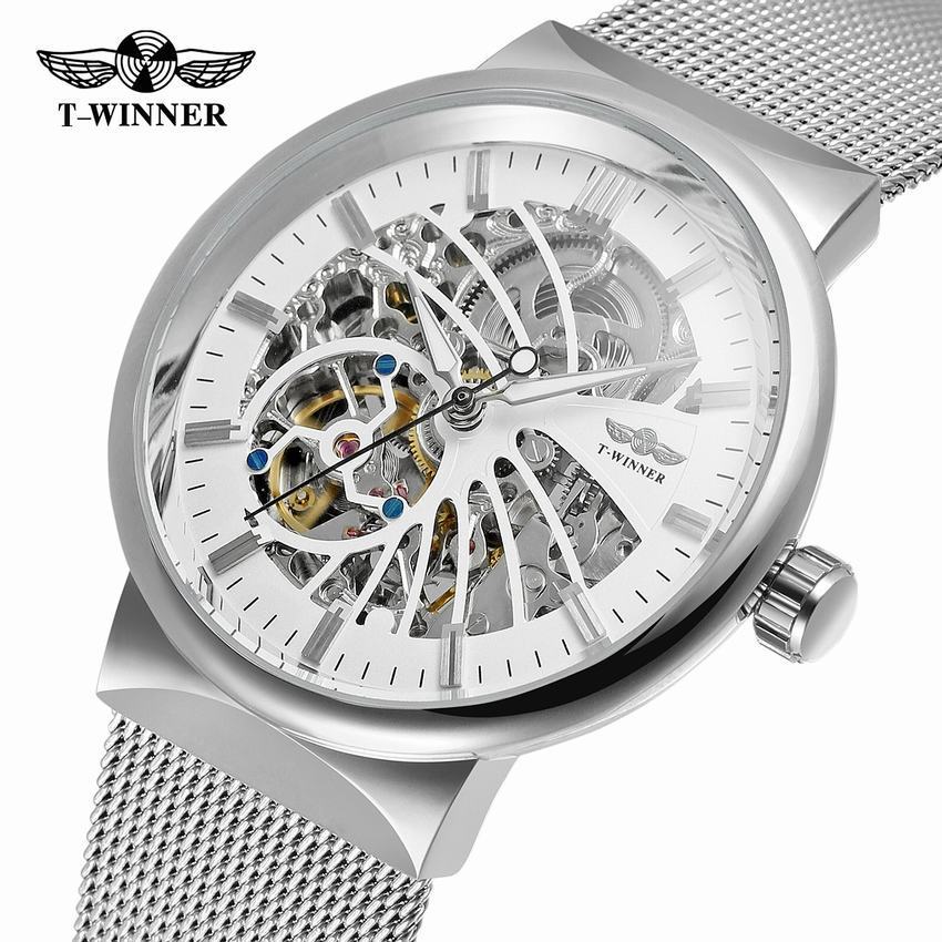 T-WINNER Automatic Mechanical Watch for Men – Mesh Strap, Waterproof Skeleton Design