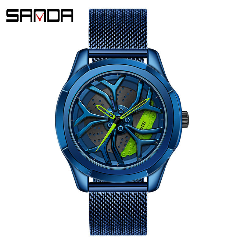 Sanda Men's Quartz Watch – Hollow Wheel Dial, Mesh Steel Strap, Waterproof Timepiece