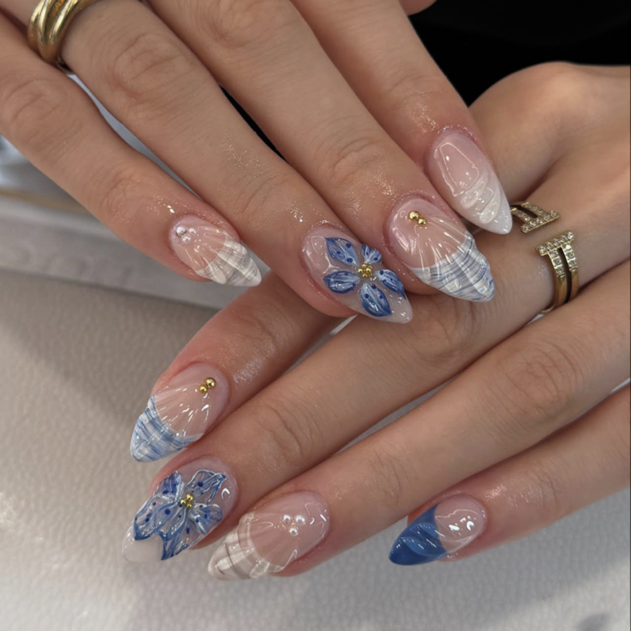 Blue Floral Stiletto Press-On Nails – 3D Art, Summer Beach Vibe, Glossy Finish