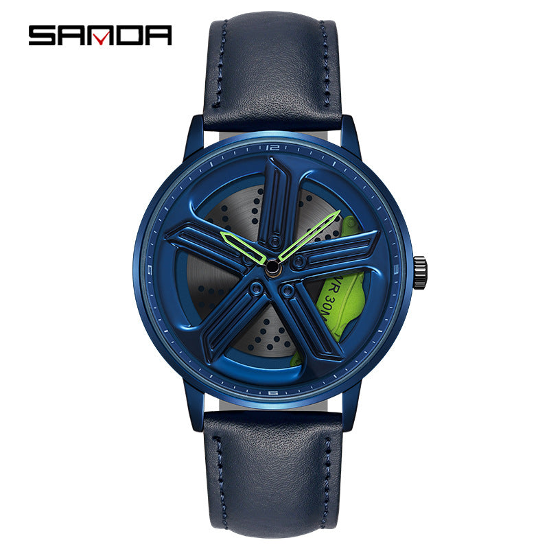 Sanda Men’s Leather Quartz Watch – 360° Rotating Dial, Waterproof Casual Wristwatch