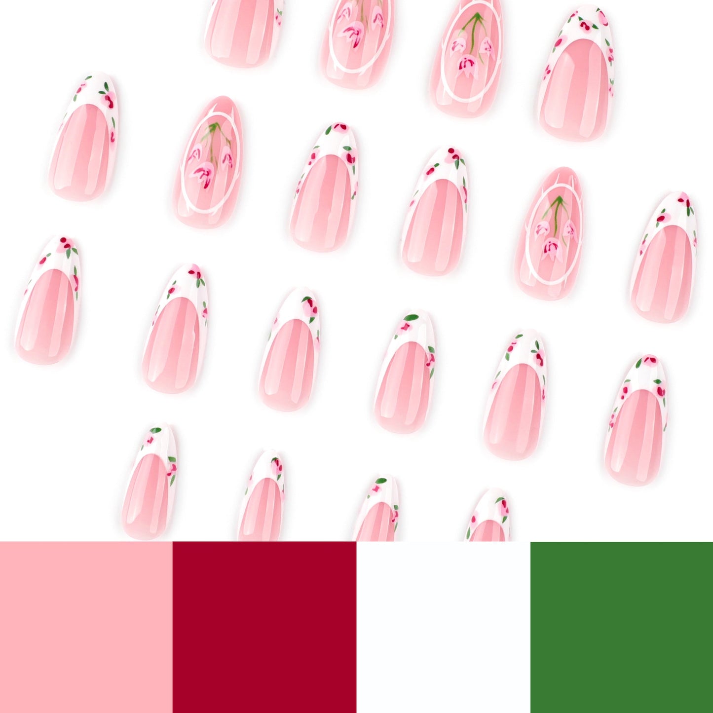 Elegant Floral French Press-On Nails – Long Almond Glue-On Tulip Nail Art