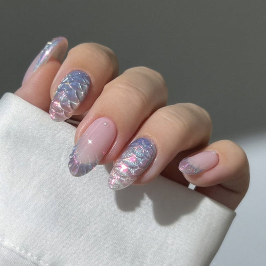 Glossy 3D Mermaid Scale Press-On Nails – Medium Almond Glue-On False Nails