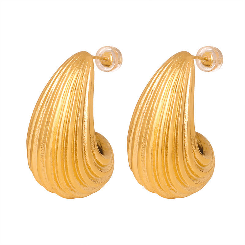 Shell Drop Stud Earrings – Vintage Ribbed Design, Titanium Steel Jewelry