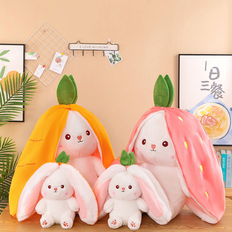 Transforming Strawberry & Carrot Rabbit Plush Toy – Soft Bunny Pillow Doll