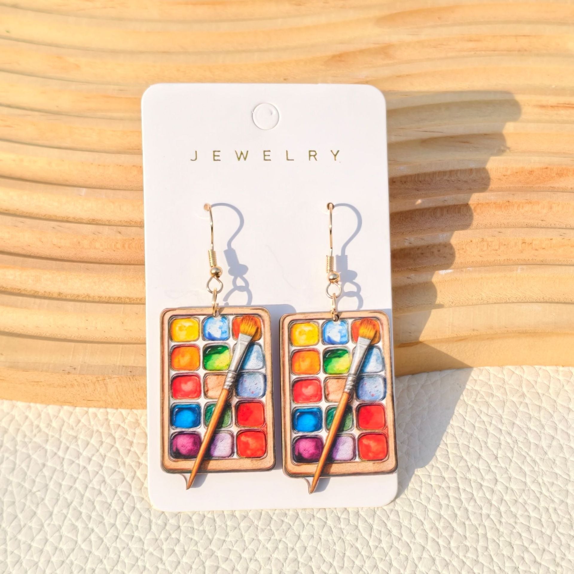 3D Wooden Palette Earrings for Couples – Colorful Geometric Statement Jewelry