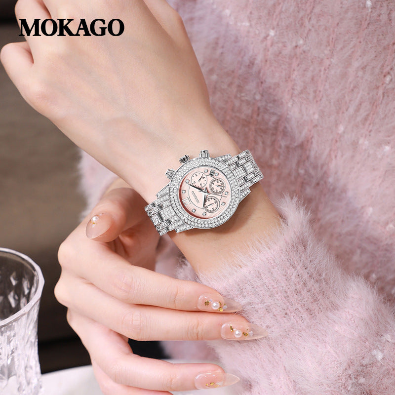 MOKAGO Luxury Women's Quartz Watch – Alloy Strap with Diamond Accents, Waterproof