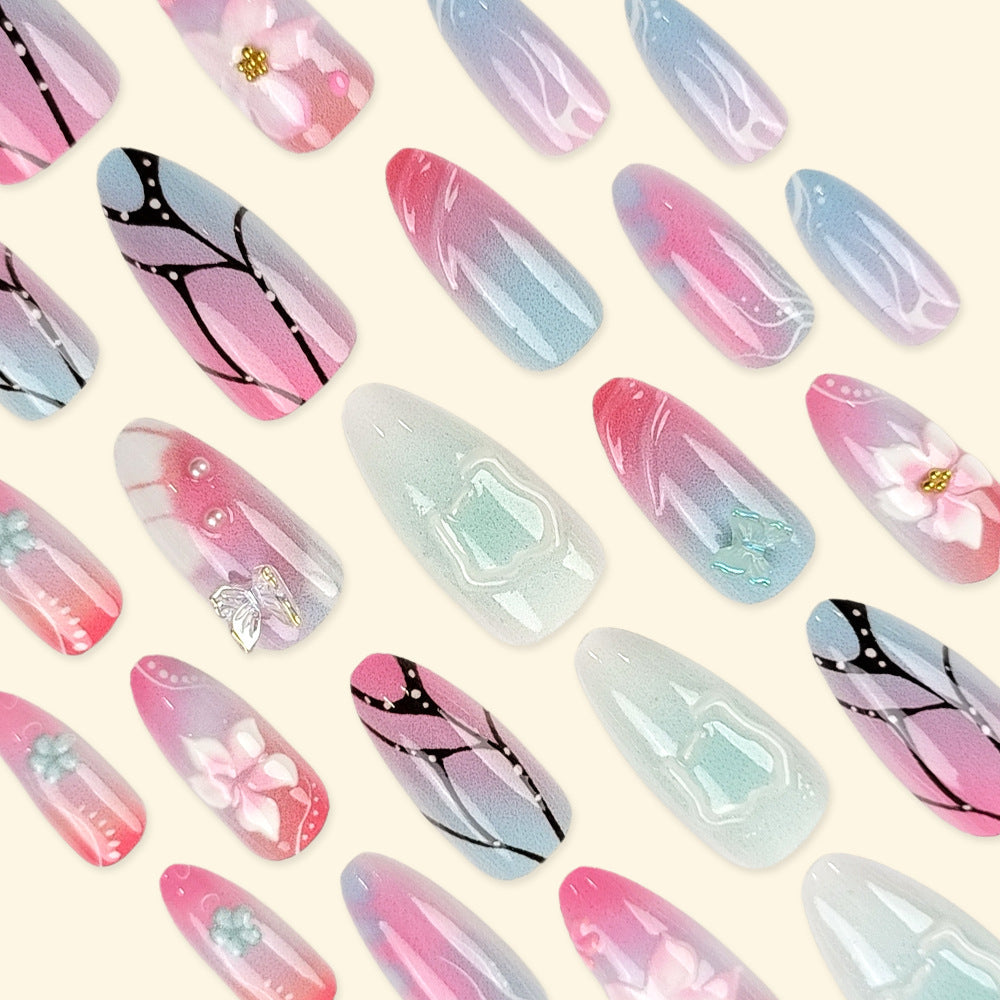 3D Press-On Nails with Butterfly & Flower Design, Medium Almond Acrylic Glue-On Set