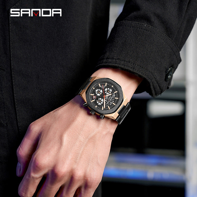 SANDA Luminous Stainless Steel Men’s Quartz Watch – 6-Hand Chronograph with Calendar