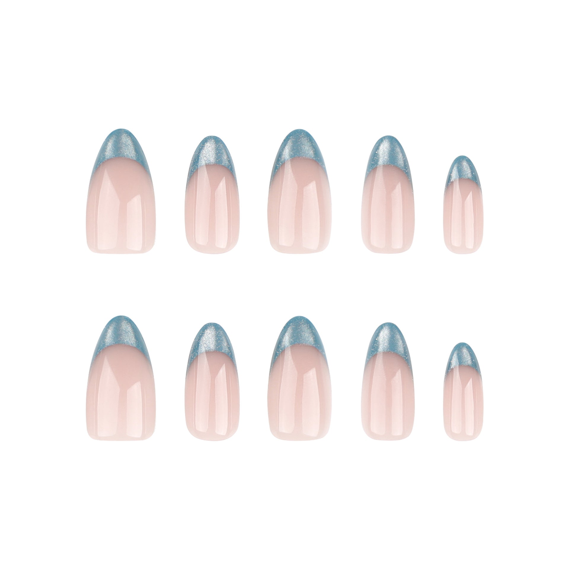 Cat Eye Teal French Tip Press-On Nails – Almond Shape, Shimmery Gradient Nails