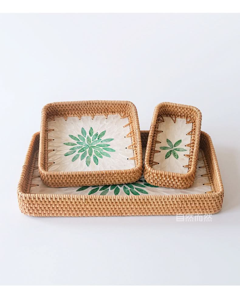 Natural Rattan Shell Tray Set - 3-Piece Square Fruit & Snack Storage