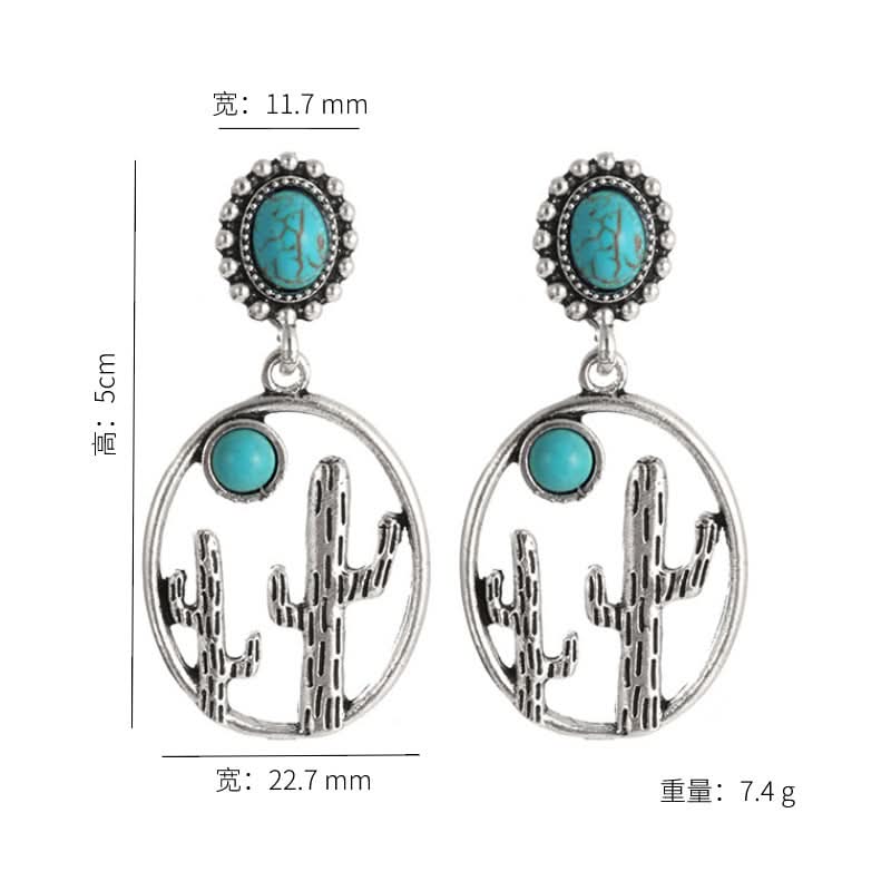 Vintage Turquoise Cactus Earrings – Boho Western Dangle Earrings for Women
