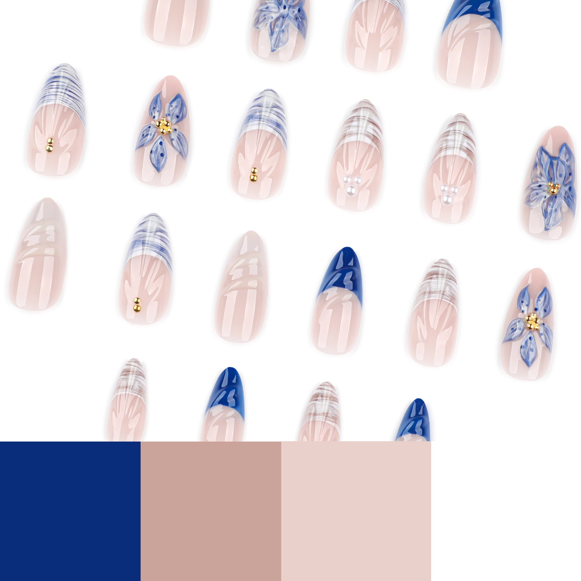 Blue Floral Stiletto Press-On Nails – 3D Art, Summer Beach Vibe, Glossy Finish
