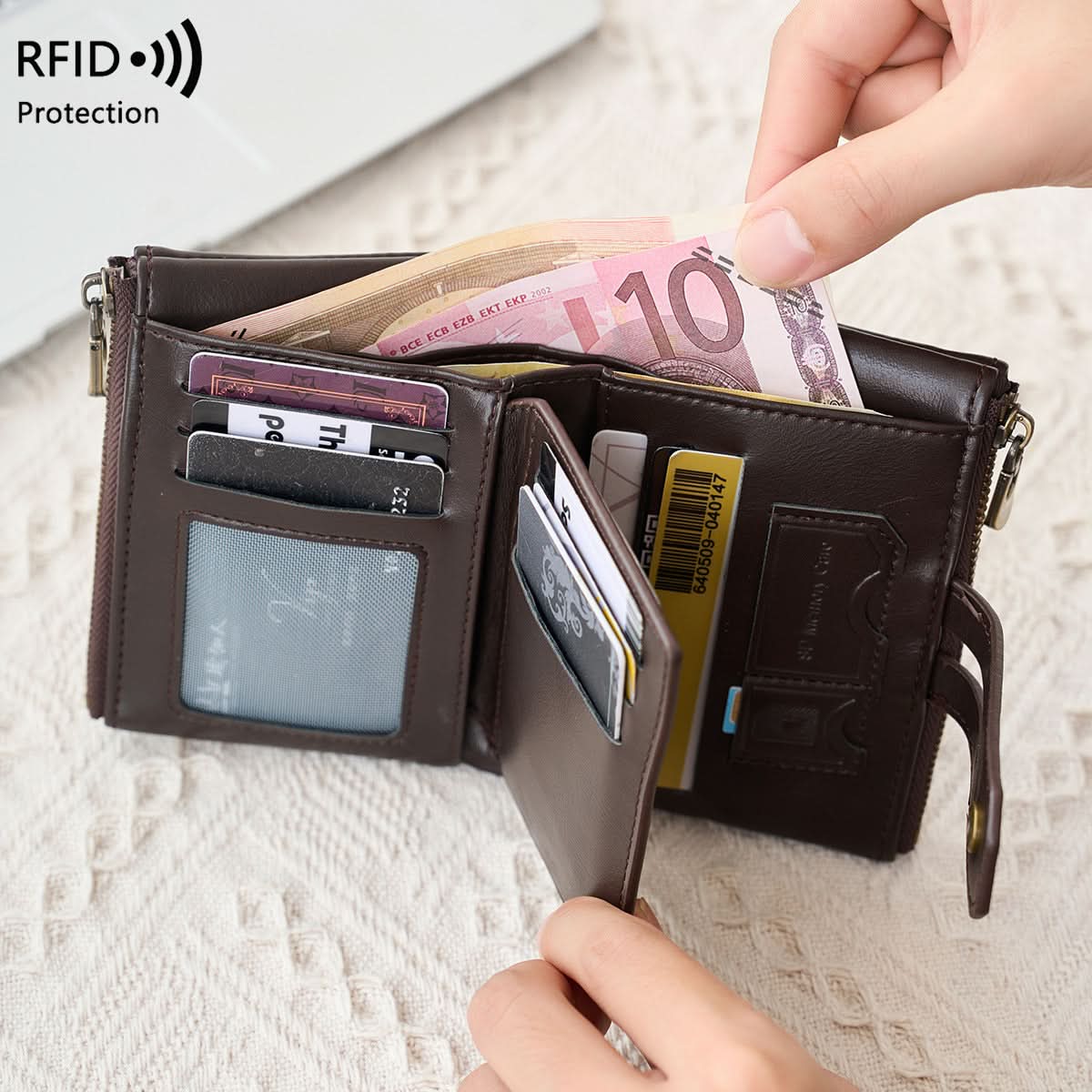 Men’s RFID-Blocking Leather Wallet – Trifold Design with Coin Pocket