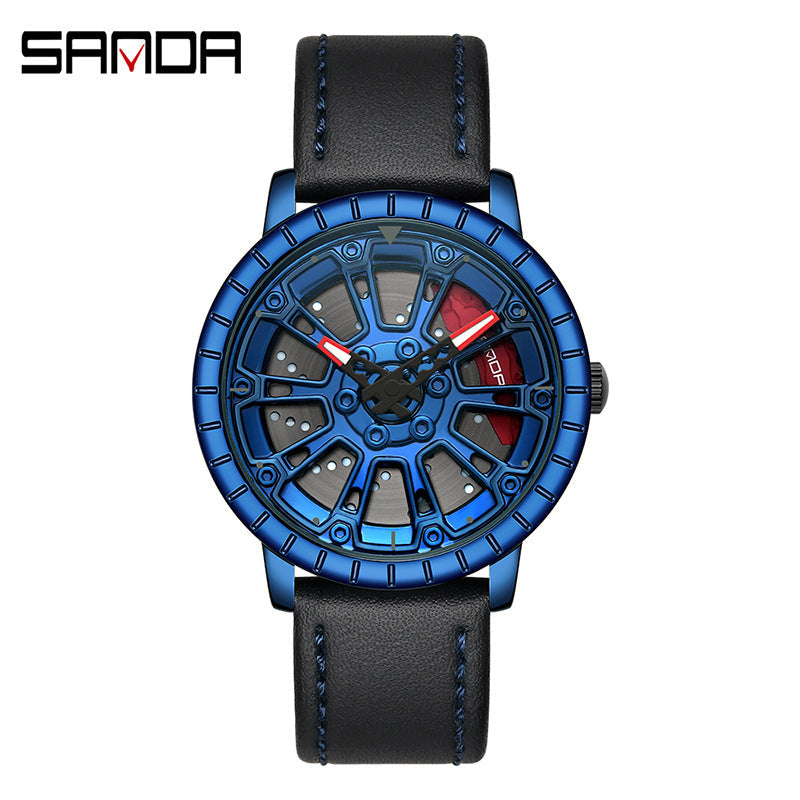 Sanda Men’s Quartz Watch – Hollow Dial, Leather Strap, Waterproof Casual Timepiece