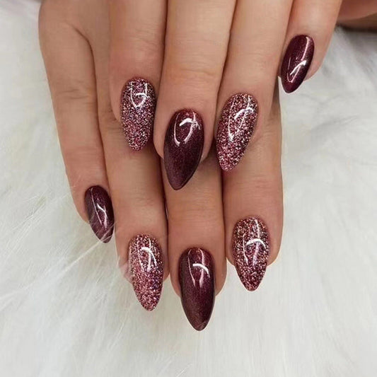 Elegant Burgundy Glitter Press-On Nails, Medium Stiletto Acrylic Glue-On Set