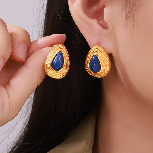 Gold Plated Blue Stone Teardrop Earrings – Titanium Steel Jewelry