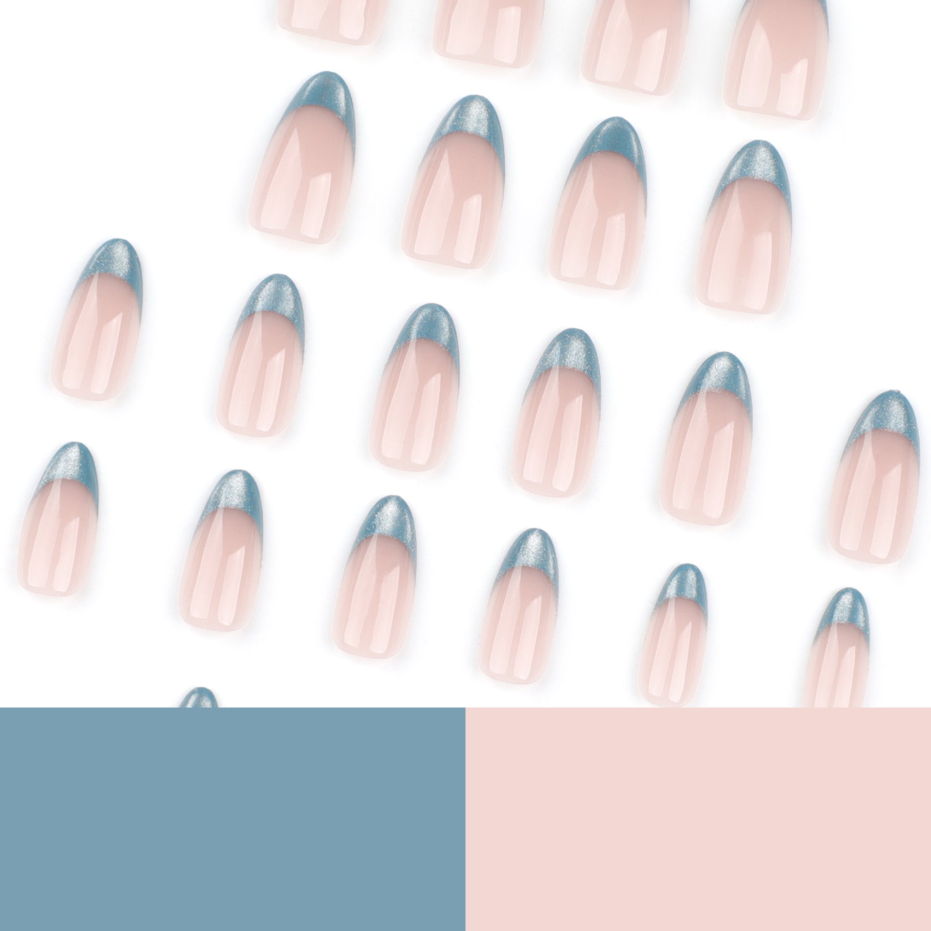 Cat Eye Teal French Tip Press-On Nails – Almond Shape, Shimmery Gradient Nails