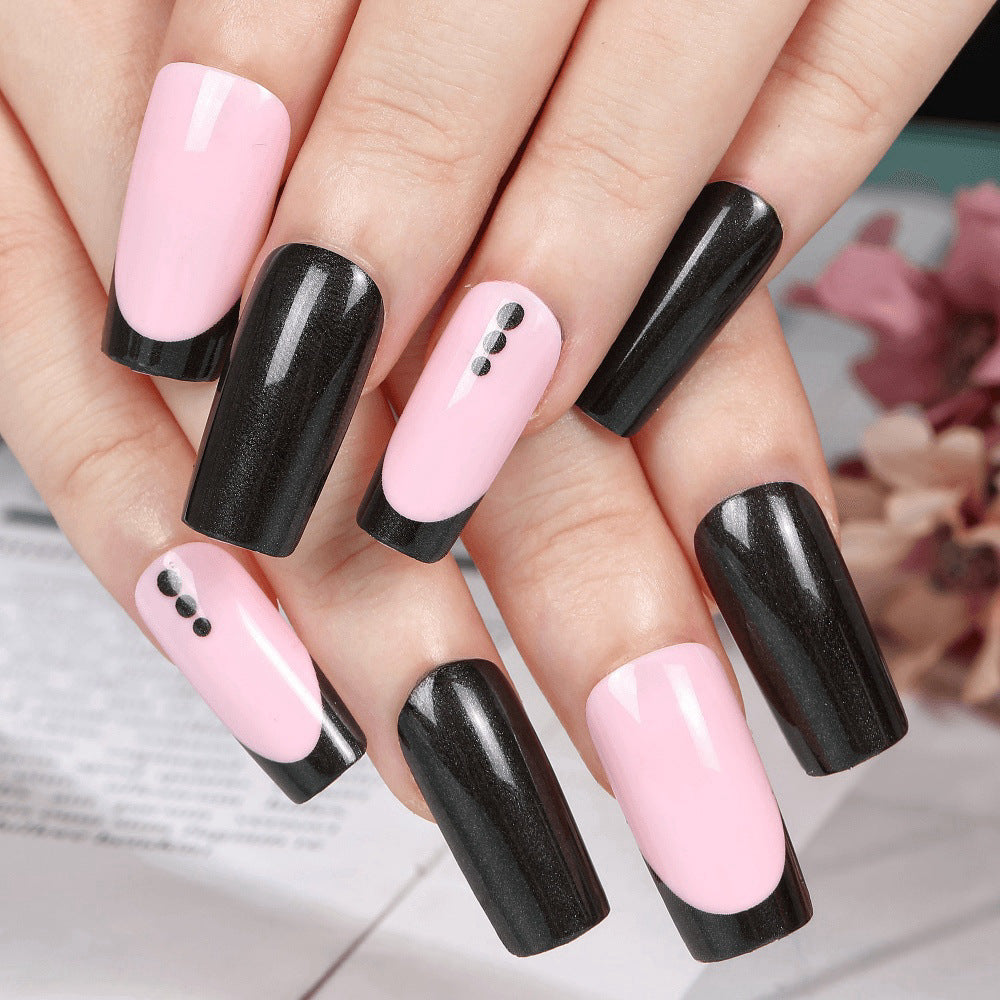 Elegant Long Square Glitter Press-on Nails – Black & Pink Acrylic with Dot Accents