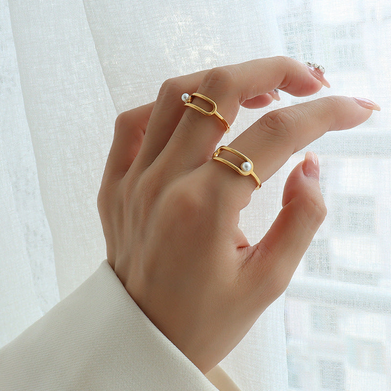 Open Frame Pearl Accent Ring – Elegant Minimal Titanium Steel Jewelry for Women