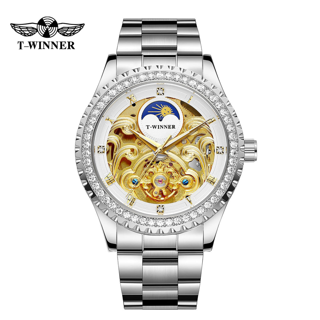 T-Winner Men’s Skeleton Automatic Mechanical Watch – Rhinestone Bezel, Fashion Timepiece