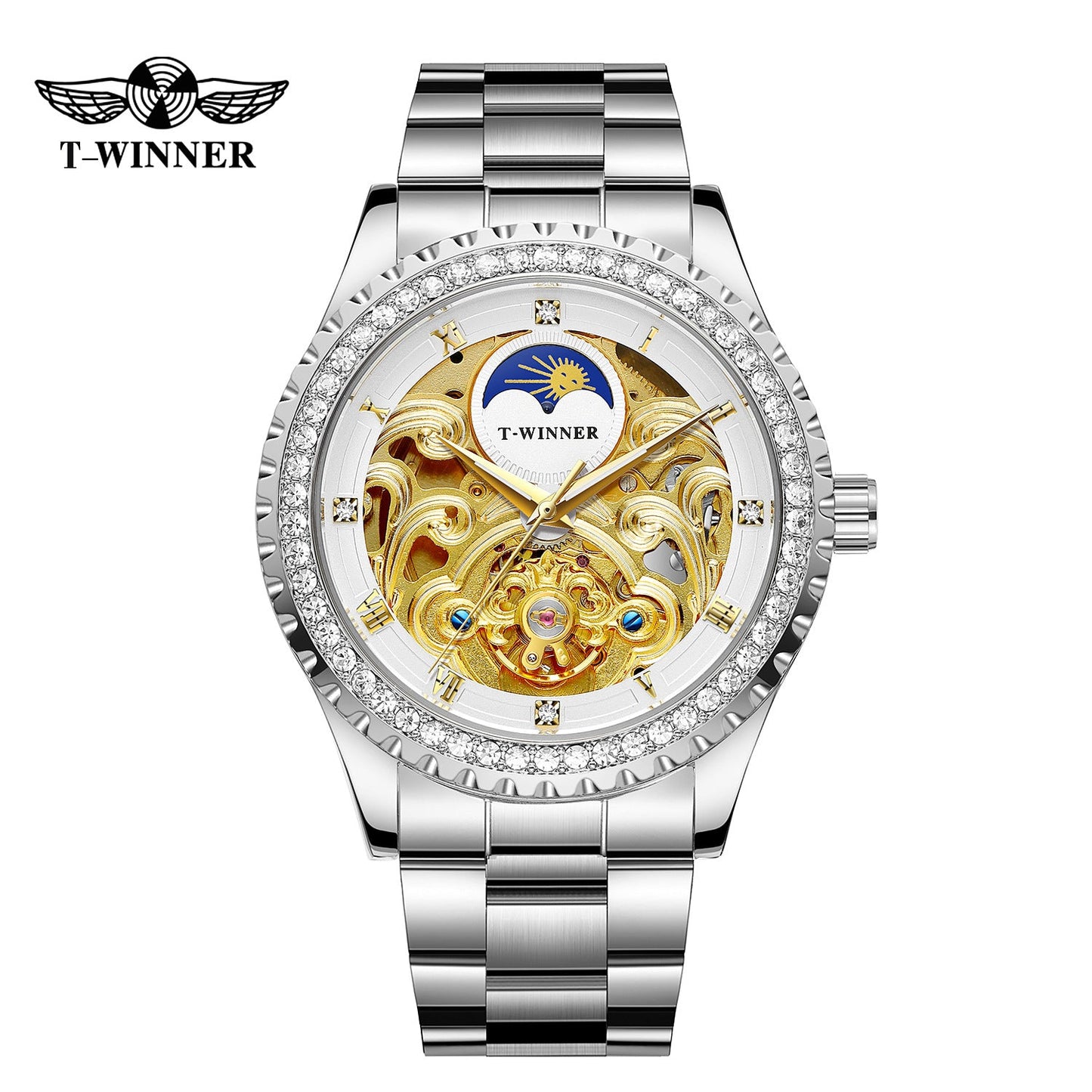T-Winner Men’s Skeleton Automatic Mechanical Watch – Rhinestone Bezel, Fashion Timepiece