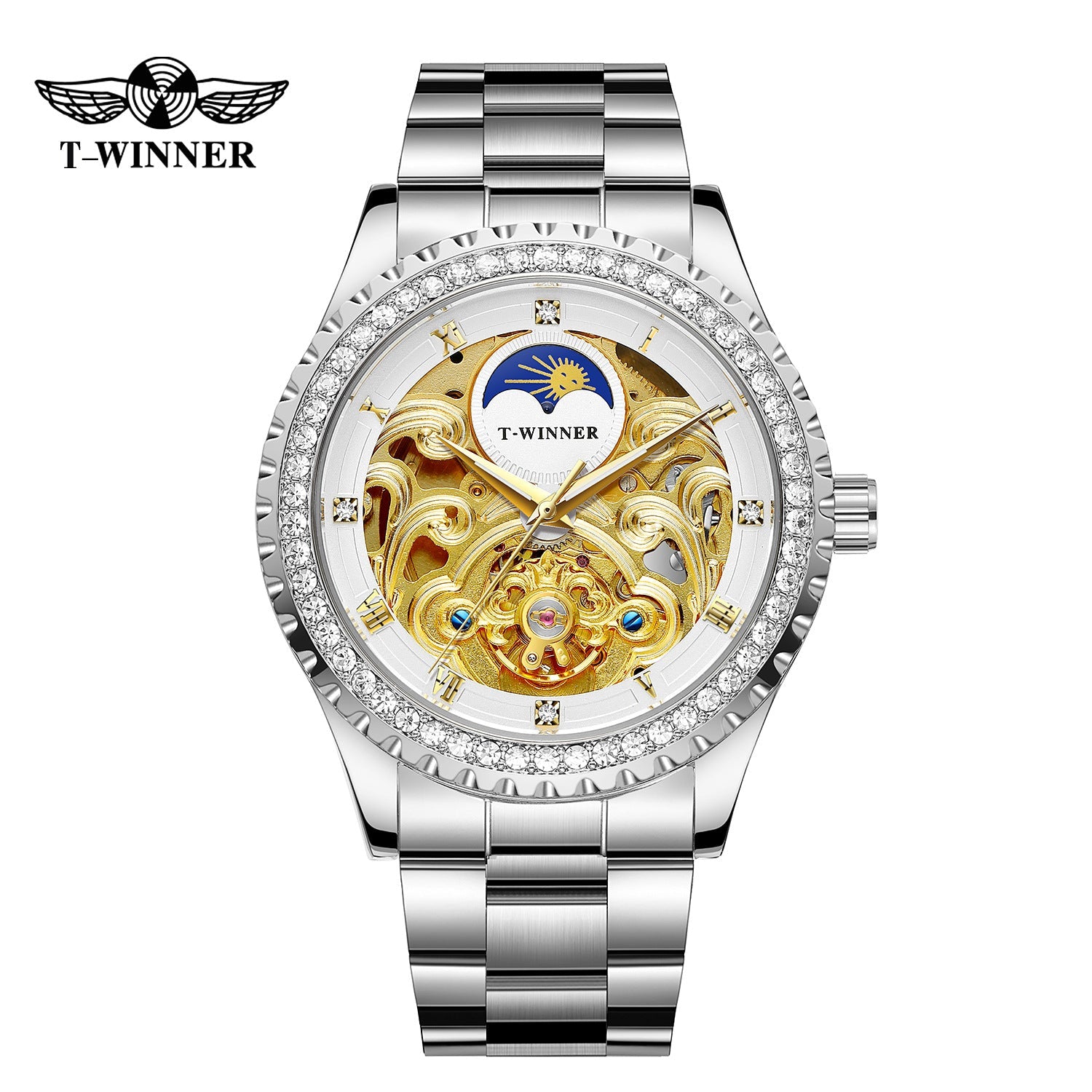 T-Winner Men’s Skeleton Automatic Mechanical Watch – Rhinestone Bezel, Fashion Timepiece