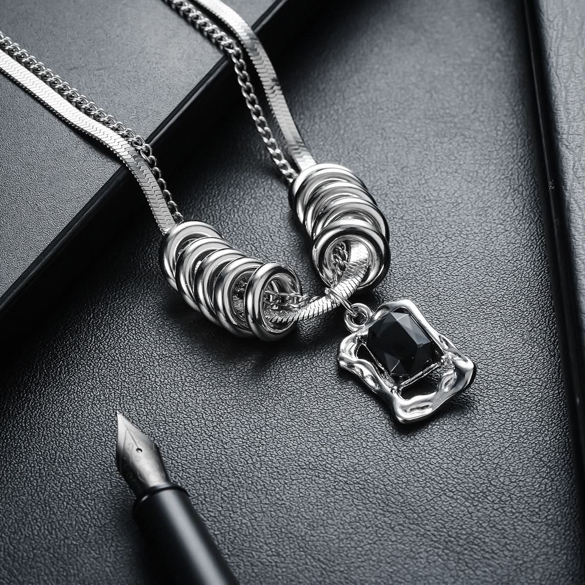 Men’s Double-Layer Ring Pendant Necklace – Zircon Inlay