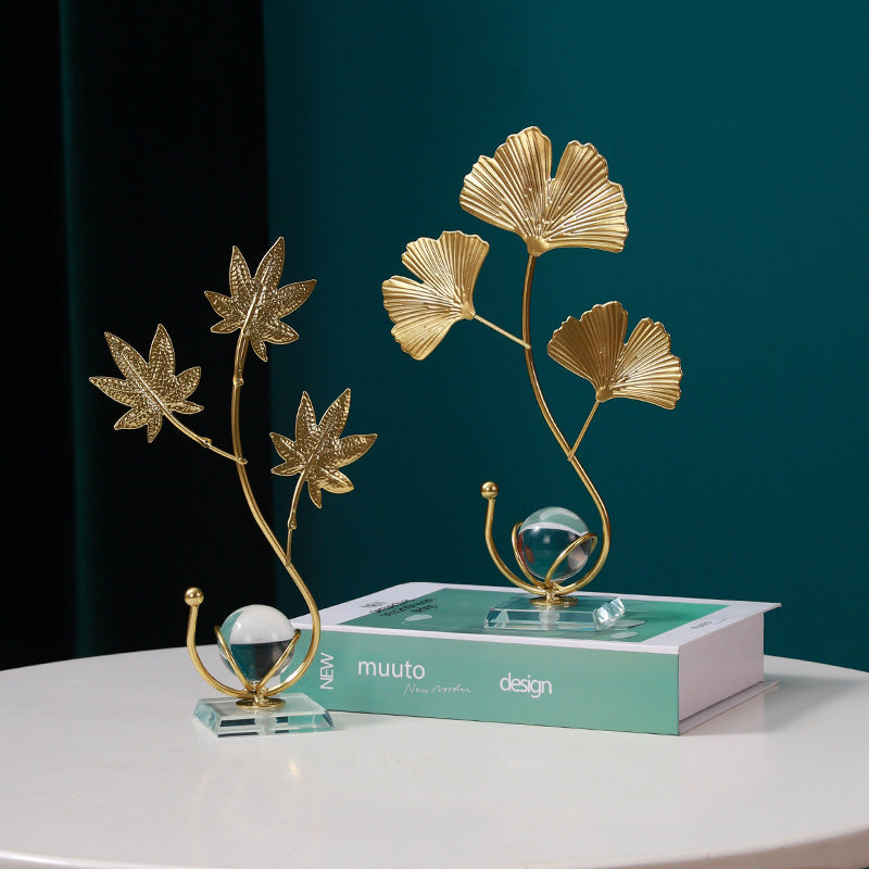 Modern Gold Leaf Crystal Ball Decor – Nordic Ginkgo & Peacock Leaf Ornament for Home