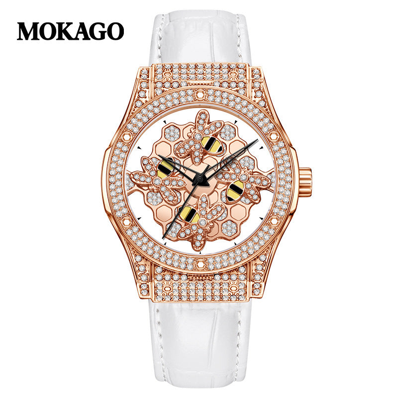 MOKAGO Women’s Quartz Watch – Diamond Hollow Dial, Leather Strap, Waterproof Timepiece