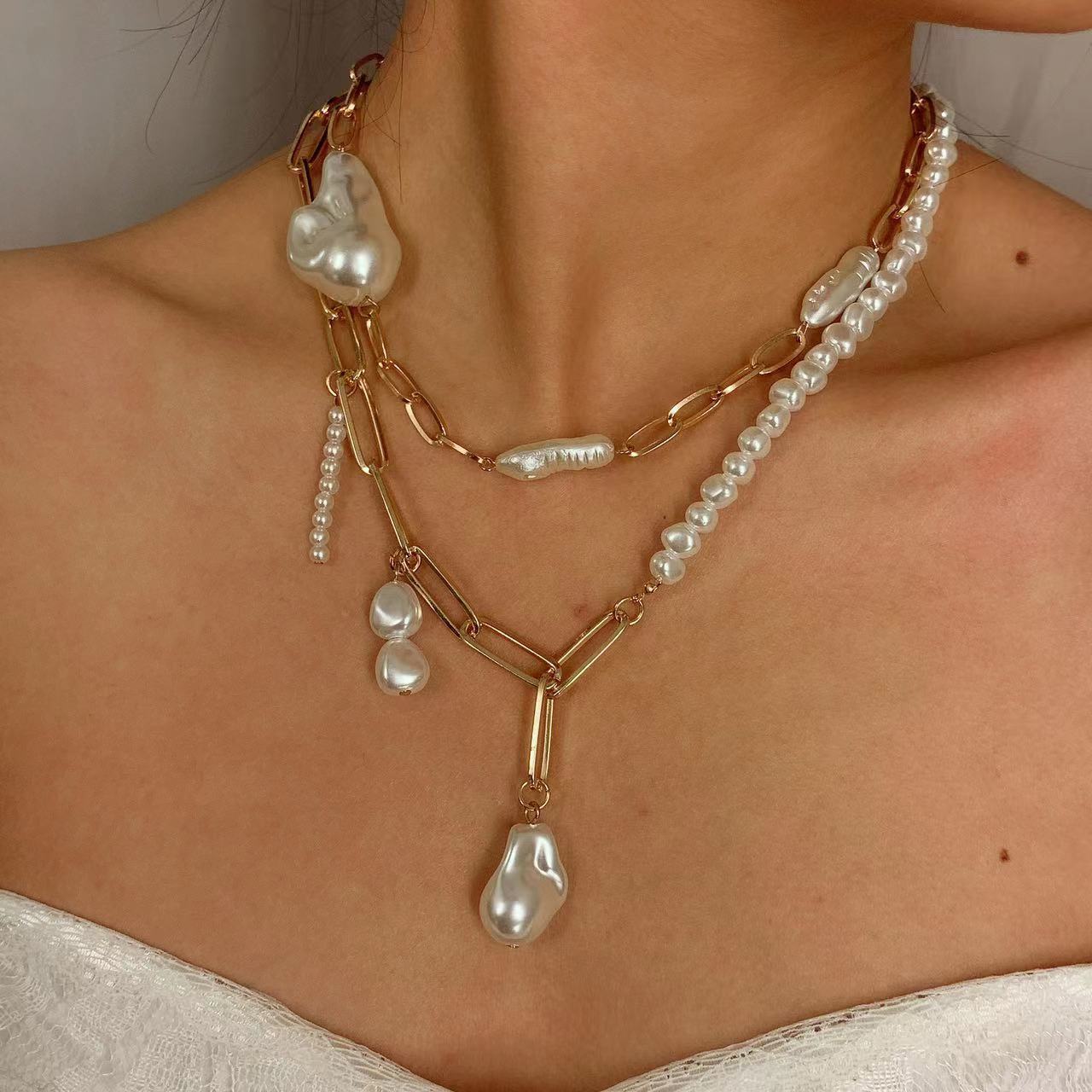 Layered Pearl Chain Necklace – Gold-Tone Irregular Baroque Jewelry for Women
