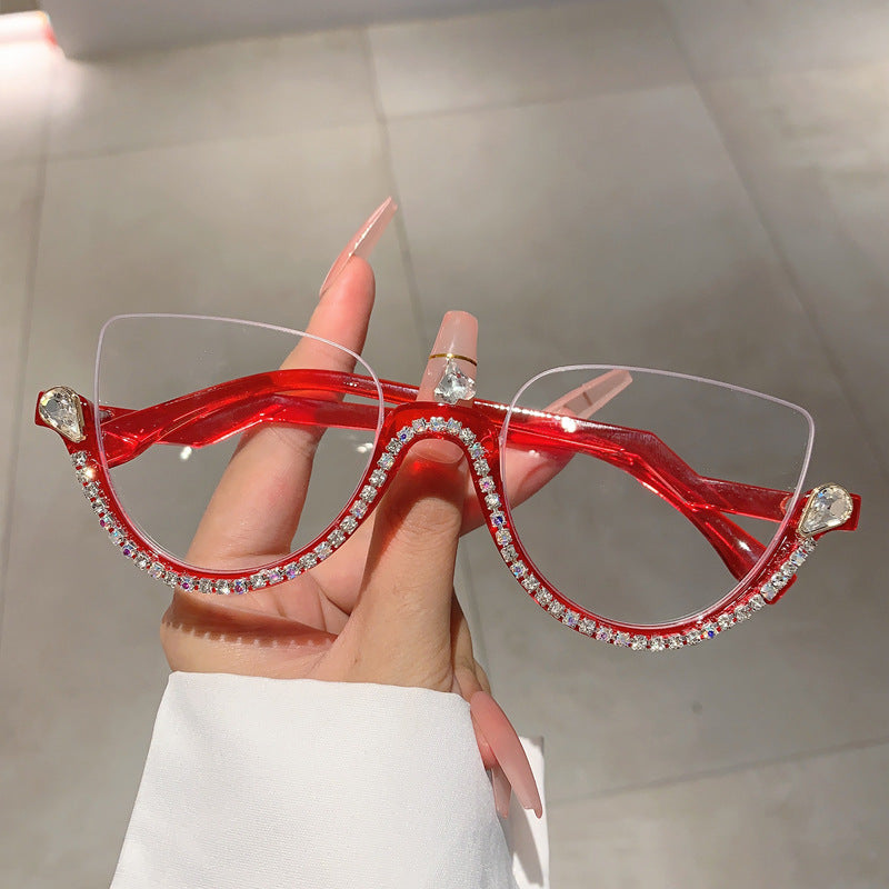 Half Frame Anti-Blue Light Glasses for Women – Diamond Accent Retro Eyewear