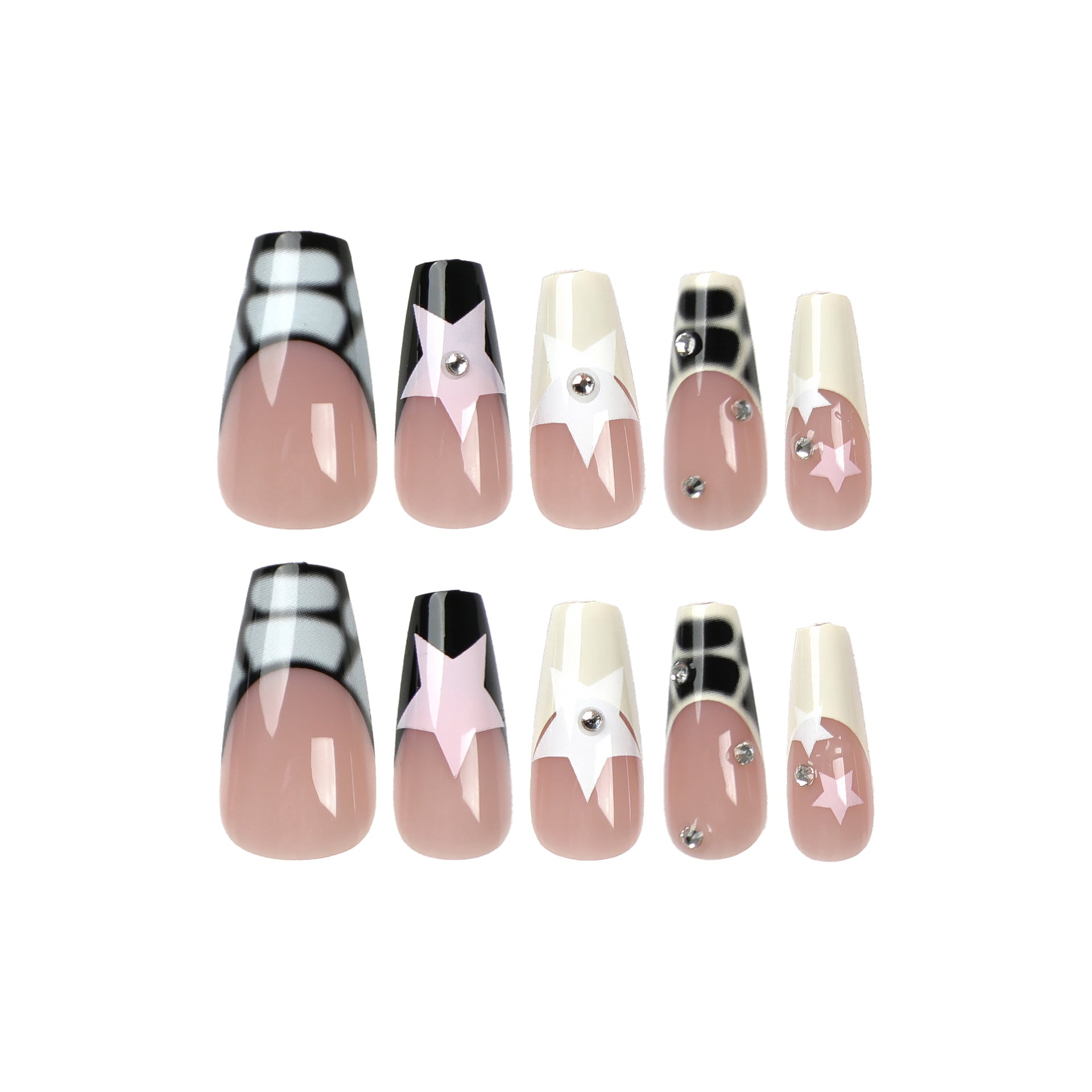 Black Coffin Press‑On Nails with Stars & Bows – Glossy Metallic Acrylic Tips